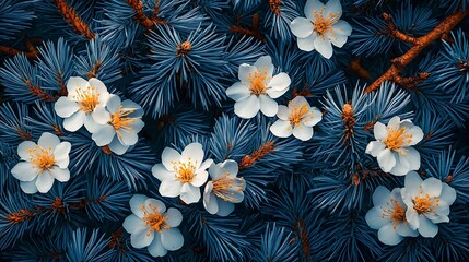 Fototapeta premium Delicate White Blossoms Nestled Among Deep Blue Pine Needles AI Generated