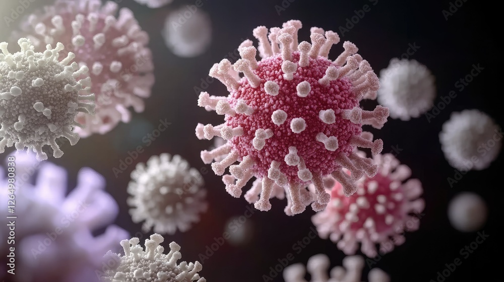 Poster close-up view of coronavirus particles illustrating their complex structure and unique coloration in