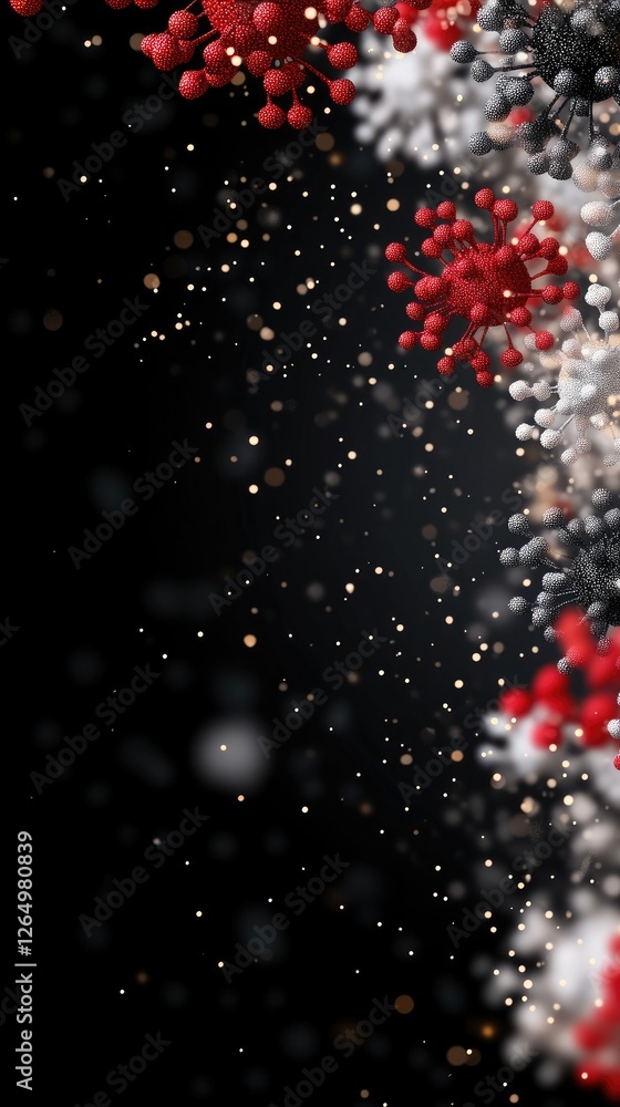 Poster an abstract depiction of virus particles set against a dark backdrop, emphasizing the vibrant colors
