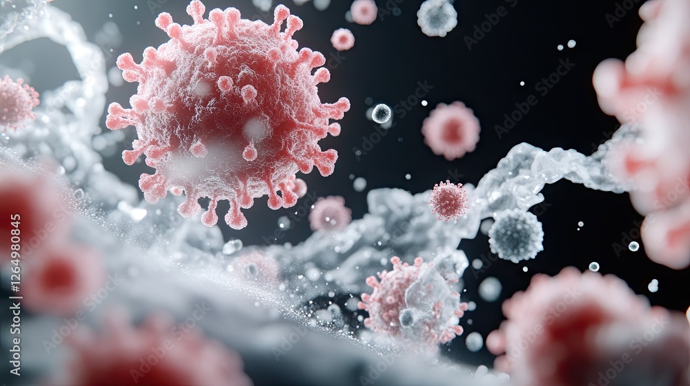 Poster visual representation of coronavirus particles suspended in a fluid medium illustrating their comple