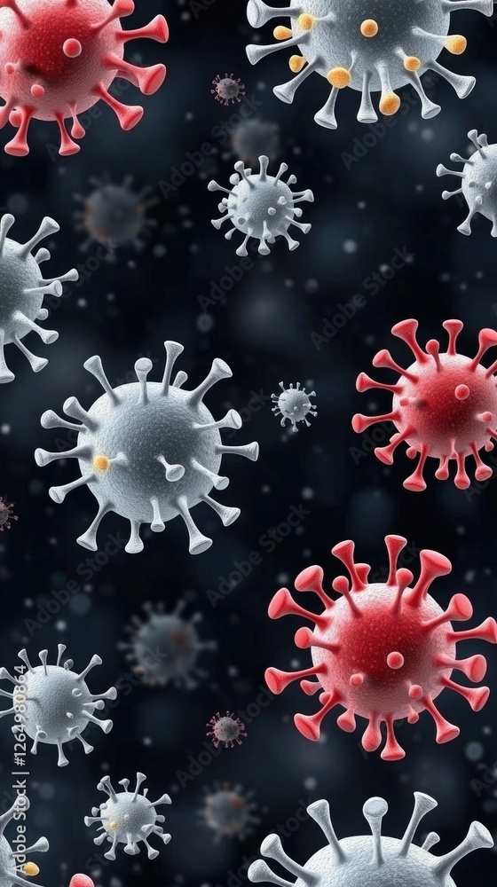 Poster visual representation of virus particles in varied colors against a dark background illustrating hea