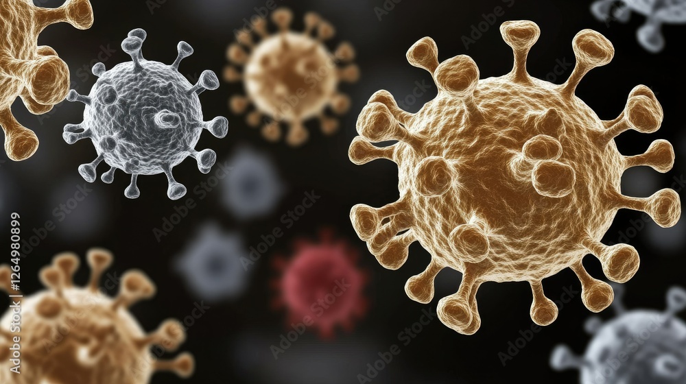Poster visualization of coronavirus particles under a microscope highlighting different structures and colo