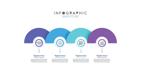 4 semi circular elements infographic, clean and modern infographic template featuring four distinct sections each marked by a vividly colored semicircle at the top 4 steps sequence design for web page