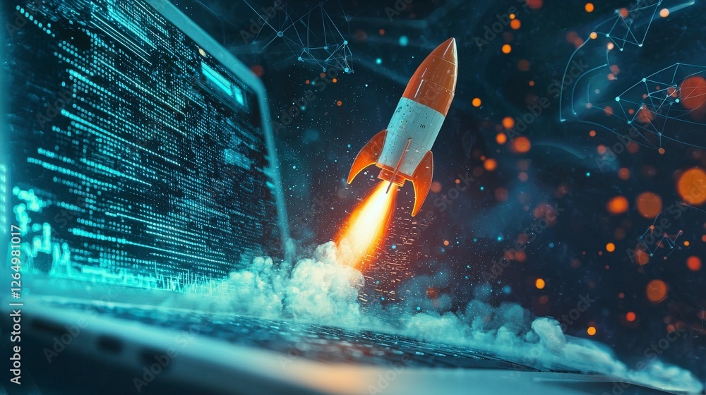 Poster a dynamic rocket is launching from an open laptop amidst a surreal digital space environment, blendi