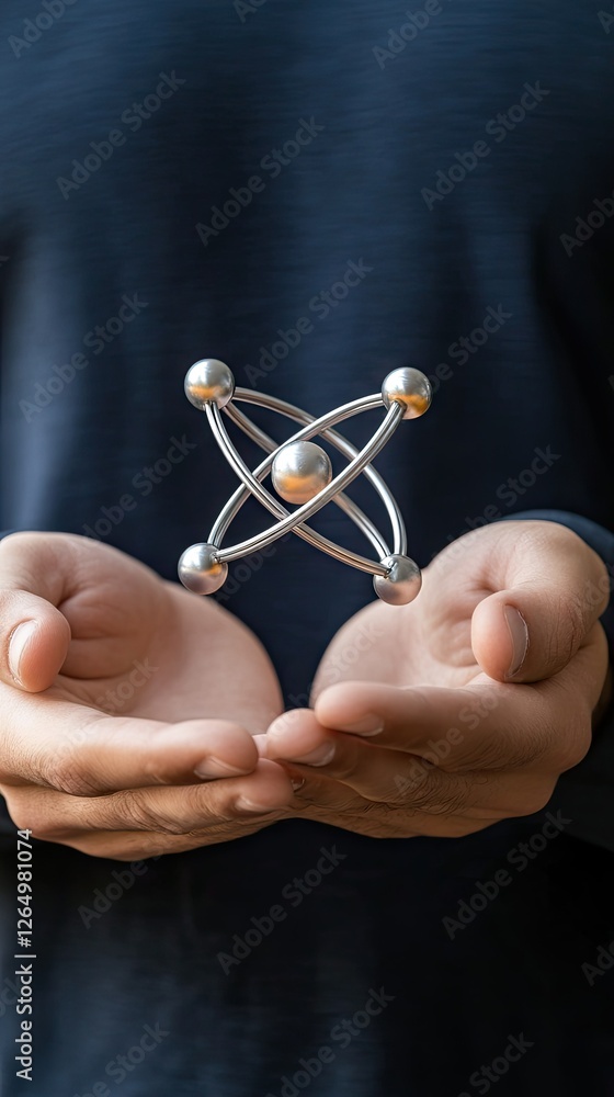 Poster demonstration of atomic model with hands presenting metallic structure representing atoms and bondin