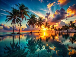 Obraz premium Lush Palm Trees Swaying on Pristine Paradise Beach at Sunset
