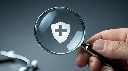 Magnifying glass highlighting a health insurance symbol held by a person, symbolizing focus on healthcare coverage and well-being