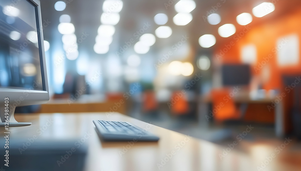 Poster blurred background of a modern office workspace with a computer and keyboard in focus, showcasing a 