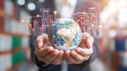 Hands holding digital globe with trade graphs and logistics data representing global supply chain resilience and shipping strategy