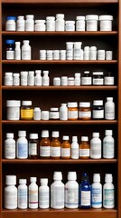 Shelves filled with various medication bottles and pill containers in an organized display at a pharmacy or home medicine cabinet