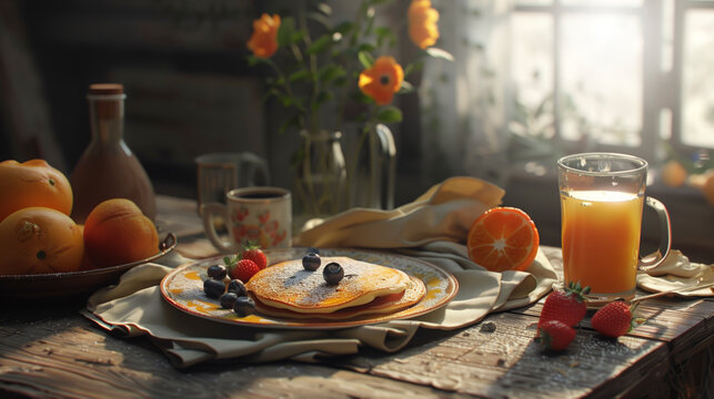 Desayuno festivo con panqueques, frutas y decoraci&oacute;n c&aacute;lida.