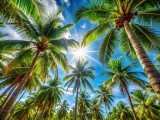 Lush Tropical Palm Trees Canopy, Sunlight Dappled Summer Beach Paradise