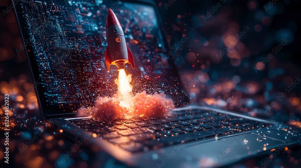 Poster a mesmerizing scene of a rocket blasting off from a computer, surrounded by clouds of vibrant colors