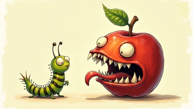 cartoonish illustration green caterpillar with a grotesque  apple exaggerated face  red apple with worm