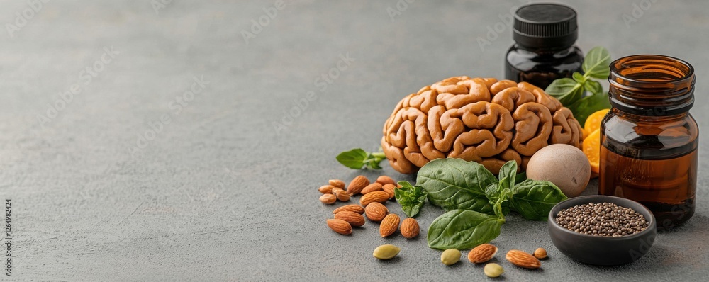 Poster overhead view of a wooden table with a selection of healthy brain boosting foods herbs and supplemen