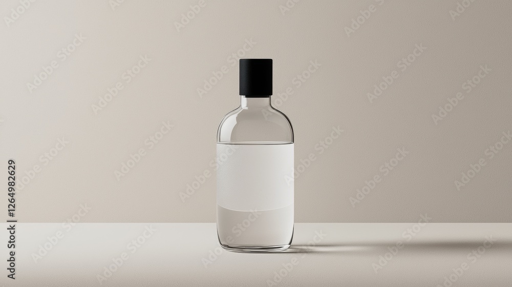 Poster 3d rendering of a glass bottle with a black cap. the bottle is empty and is placed on a plain white 