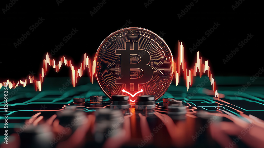Poster bitcoin heartbeat and ai trading theme, digital currency symbol with graph and circuit board backgro