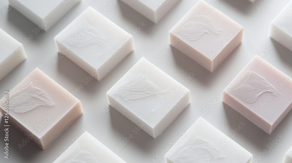 Poster group of small, square-shaped soaps arranged in a scattered pattern on a white surface. the soaps ar