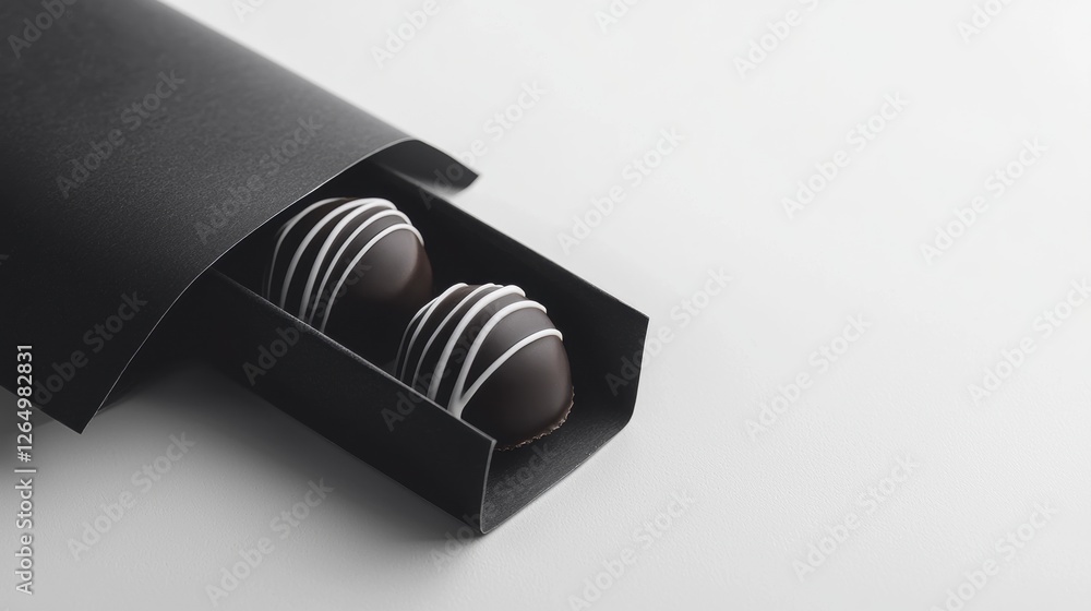 Aufkleber black rectangular box with a lid that is open, revealing two chocolate truffles inside. the box is p