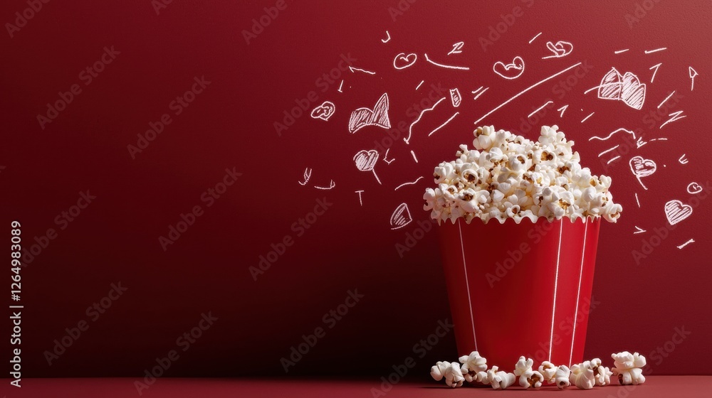 Aufkleber red bucket of popcorn on a red background. the bucket is filled with white popcorn and there are sev