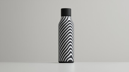 Black and white striped water bottle with a black cap. the bottle is cylindrical in shape and has a wide mouth opening at the top.