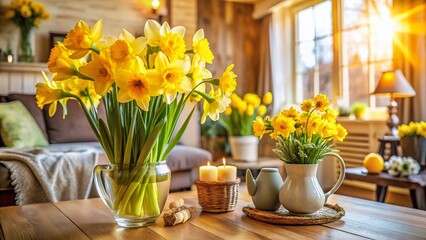 Luxurious Cozy Interior with Daffodils, Narcissus, and Jonquils - Spring Floral Decor Stock Photo