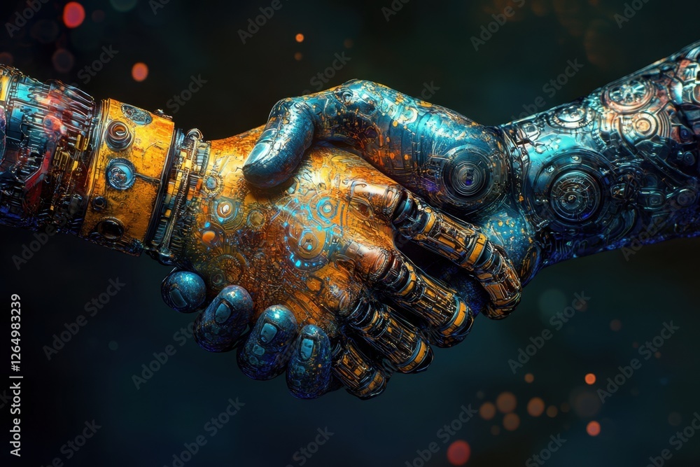 Poster two robotic hands shaking hands in a colorful background