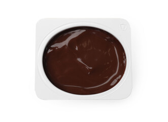 Delicious chocolate yogurt in plastic cup isolated on white, top view