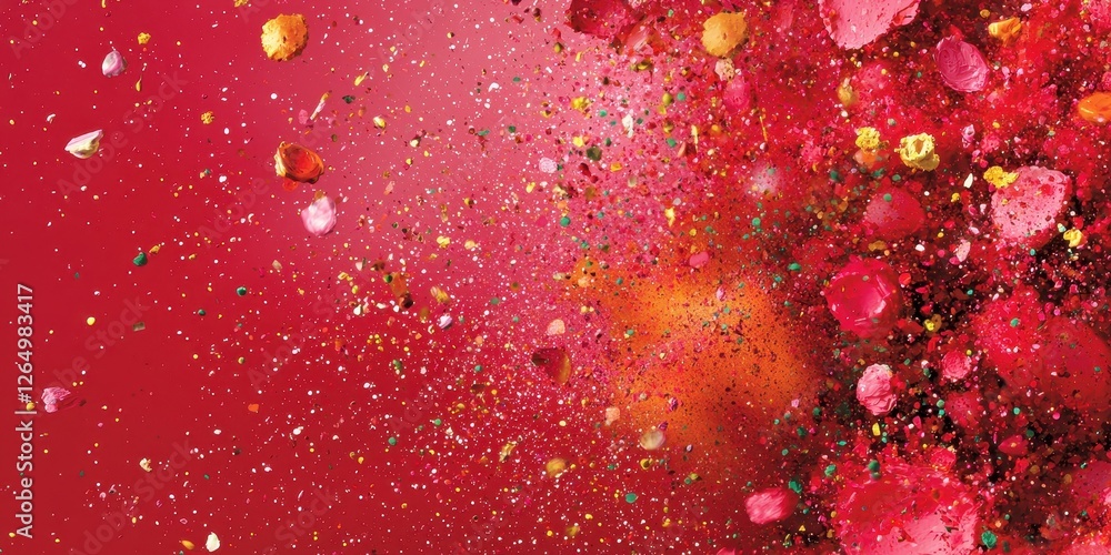 Poster a vibrant explosion of colorful petals and particles against a red background, creating a dynamic an