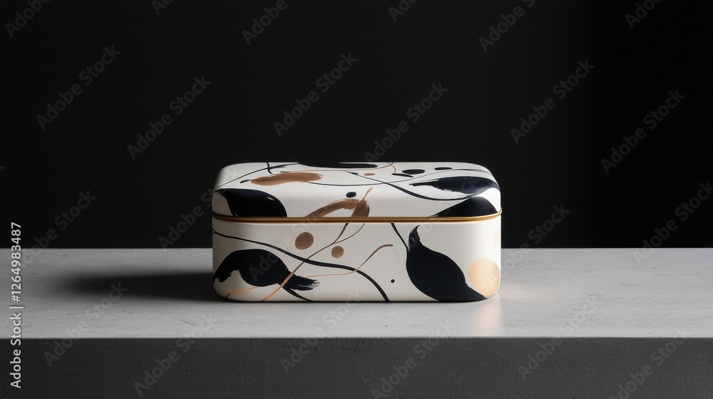 Poster photograph of a rectangular box with a lid. the box is placed on a grey surface with a black backgro