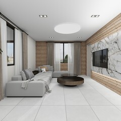A spacious and modern living room with a large sectional sofa, a unique coffee table, and a large window. The neutral tones create a calming and inviting atmosphere