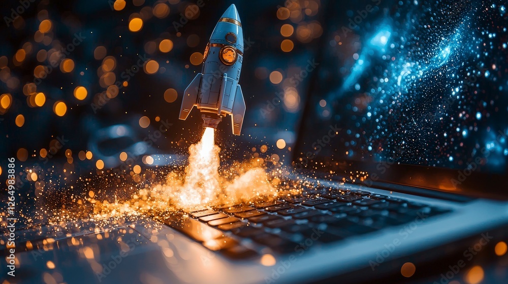 Poster a stylized rocket is depicted shooting upward from a laptop, encapsulated in a mist of dynamic color