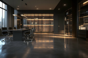 Modern, luxurious office interior with sleek dark furniture, glass shelving, and polished concrete floors. Ideal for corporate, business, and real estate marketing.