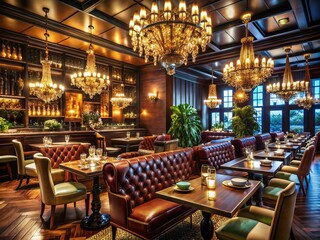 Fototapeta premium Luxurious Grill Restaurant Interior: Chandeliers, Elegant Furniture & Warm Lighting