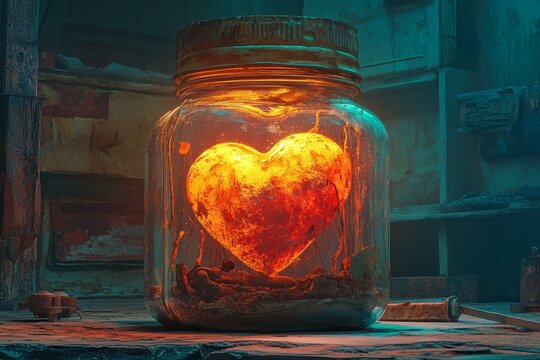 A glass jar filled with hearts symbolizes eternal romance, locked away until the mystery of true love is unveiled on Valentine's Day, safeguarding precious emotions within - Stock illustration