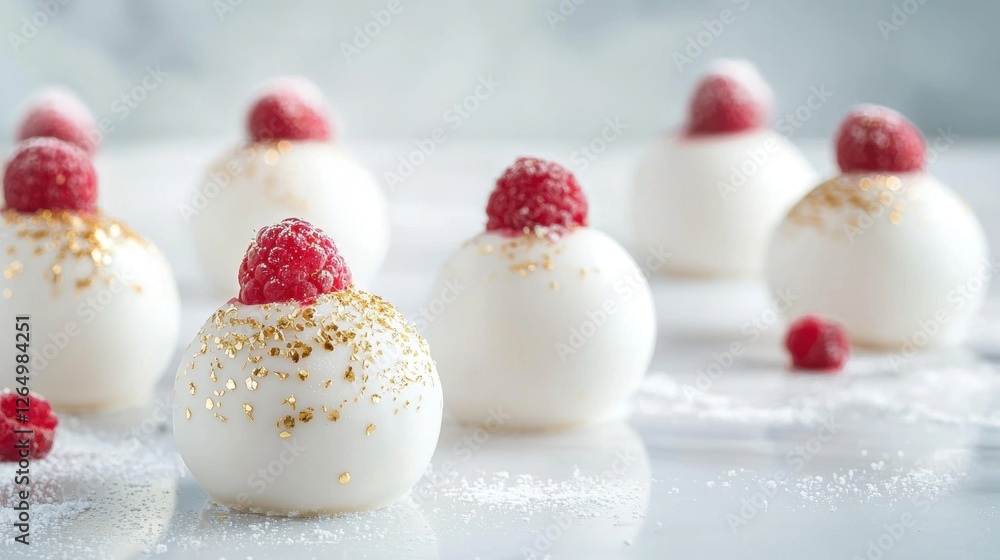 Poster group of six white chocolate truffles with raspberries on top. the truffels are arranged in a row an