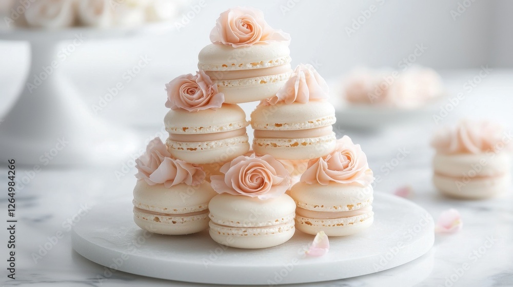 Poster stack of macarons on a white cake stand. the cake stand is placed on a marble countertop and there a
