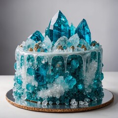 A fantasy-inspired crystal cake with glowing turquoise sugar geodes, beautifully designed on a pure white background.