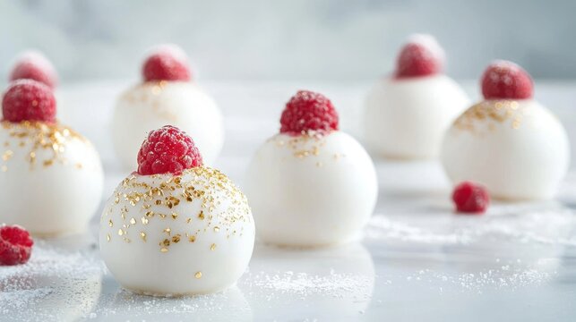 Group of six white chocolate truffles with raspberries on top. the truffels are arranged in a row and are covered in a light dusting of powdered sugar.