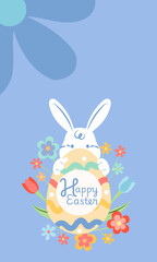 Cute bunny hugging easter egg with flowers and happy easter text