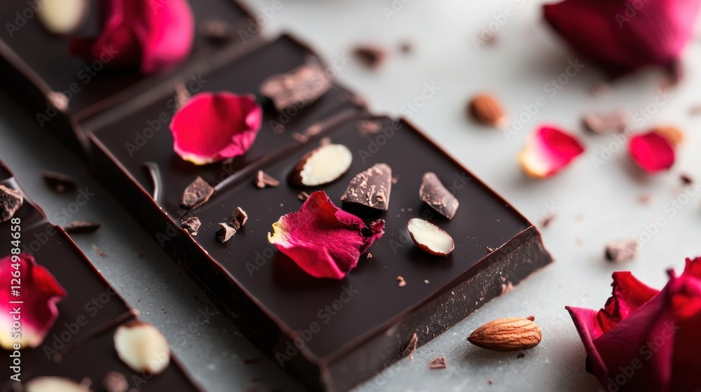 Poster close-up of a dark chocolate bar with rose petals scattered around it. the chocolate bar is rectangu