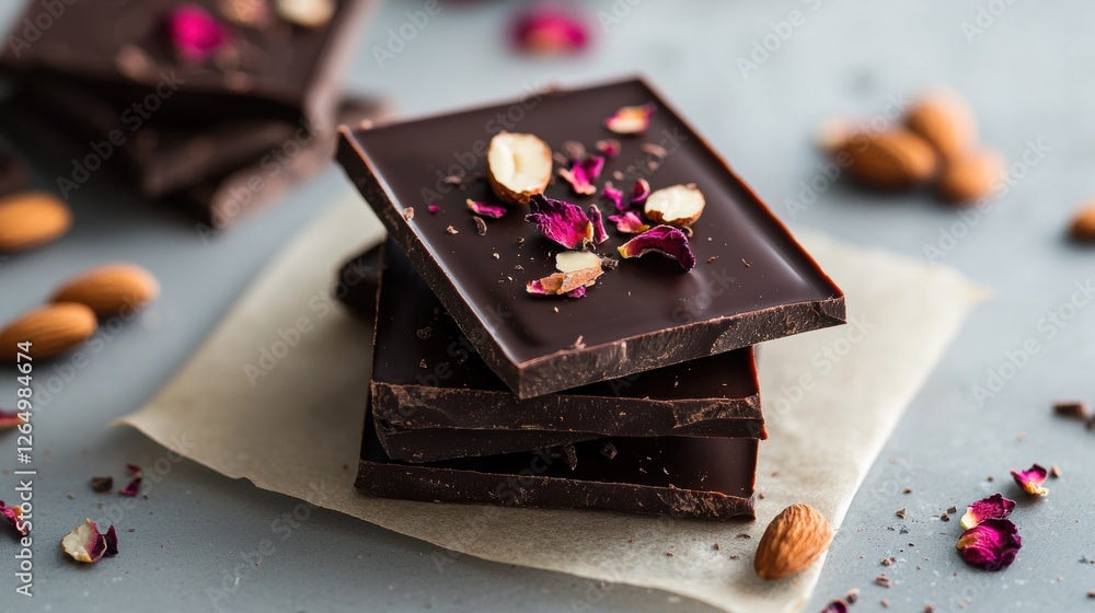 Poster stack of three dark chocolate bars on a piece of parchment paper. the bars are arranged in a way tha