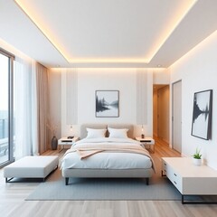 High-resolution stock photo of a modern apartment bedroom, 3D render, commercial quality, showcasing minimalist furniture, neutral color palette with warm lighting accents