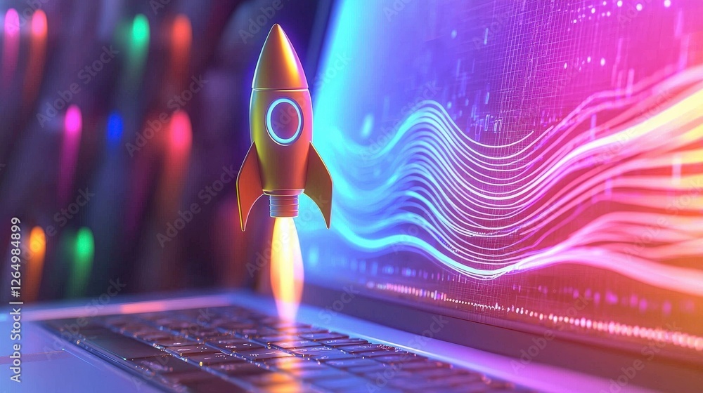 Poster an imaginative image of a vibrant rocket ascending from a tech display, illustrating the intersectio