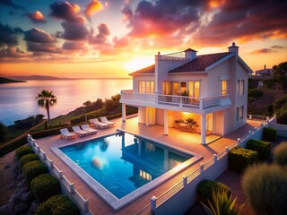 Fototapeta premium Luxurious Oceanfront White House with Pool & Balcony - Stunning Bokeh Photography