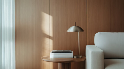 Cozy bedroom interior with a stylish bedside table.