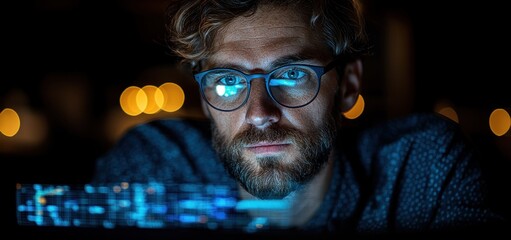 Night Focus: A Man Concentrated on His Computer Screen