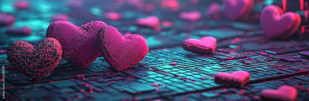 Poster a blurred and abstract bokeh background featuring pink hearts, suitable for use in modern and realis