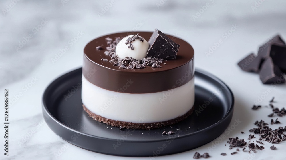 Aufkleber the image is of a dessert on a black plate. the dessert appears to be a round cake with a layer of c