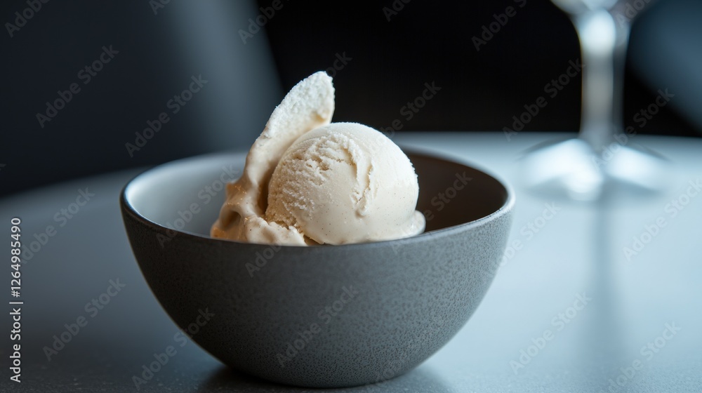Poster small grey bowl with a scoop of vanilla ice cream in it. the ice cream is light brown in color and h